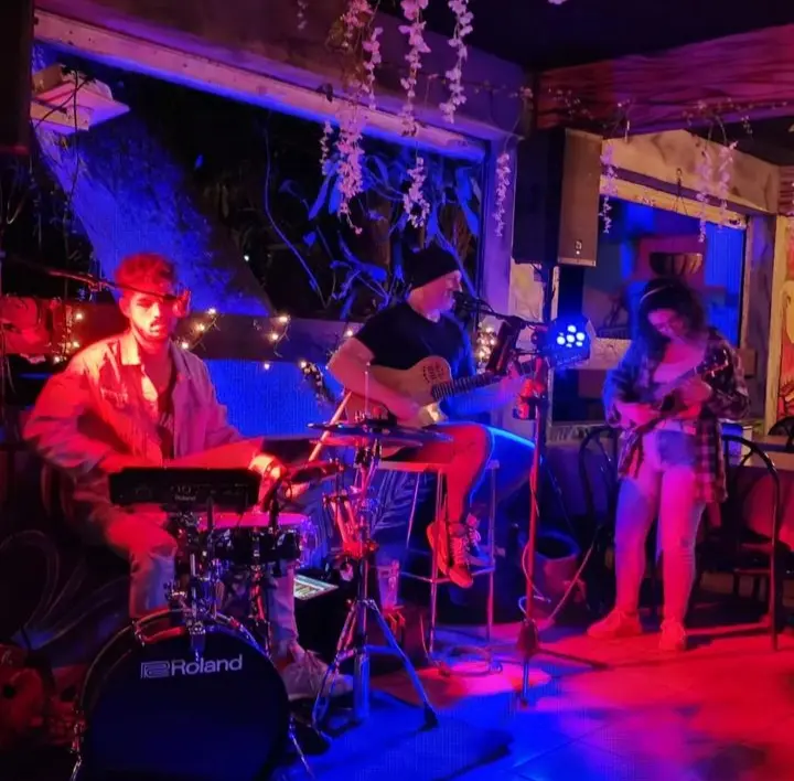 Nikole Enid captivating the audience with her vocals, singing alongside Heartz band members in a vibrant bar setting.